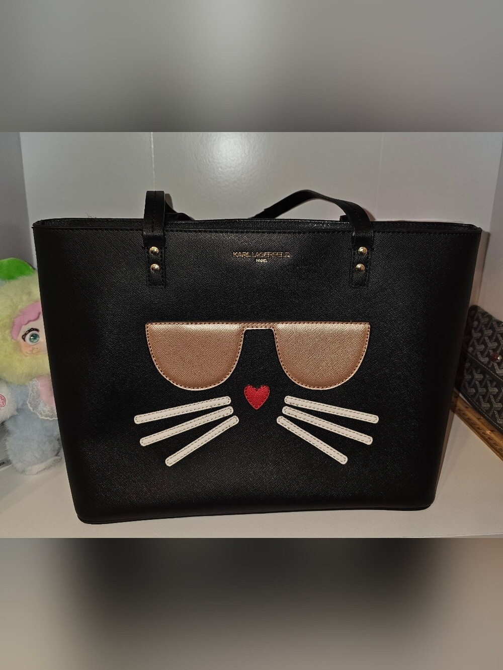 Karl Lagerfeld Black Tote with Black Tote Bag Gold Sunglasses Cat Motif